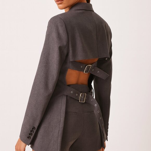 Helmut Lang Cutout Back Gray Wool Belted Blazer Jacket NWOT Women’s - Picture 1 of 11